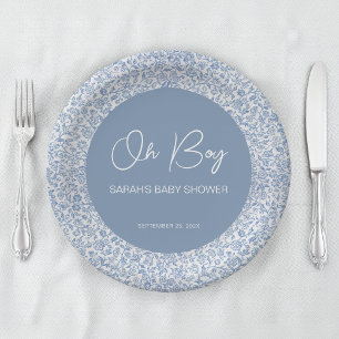 Oh Boy Blue and White Floral Pattern赤ちゃんシャワー ペーパープレート