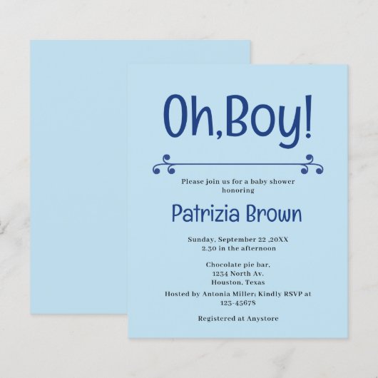 Oh Boy Blue Baby Shower  Invitation (正面/裏面)