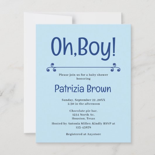 Oh Boy Blue Baby Shower  Invitation (正面)