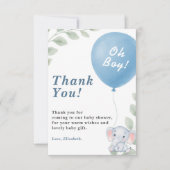 Oh Boy Blue Balloon Elephant Baby Shower サンキューカード (正面)