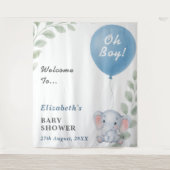 Oh Boy Blue Balloon Elephant Baby Shower Backdrop タペストリー (正面)