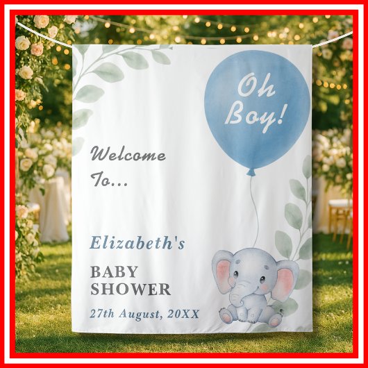 Oh Boy Blue Balloon Elephant Baby Shower Backdrop タペストリー