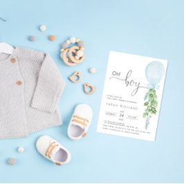 Oh Boy Blue Balloon Eucalyptus赤ちゃんシャワーインビタット 招待状
