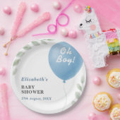 Oh Boy Blue Balloon Eucalyptus Baby Shower ペーパープレート (パーティー)