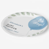 Oh Boy Blue Balloon Eucalyptus Baby Shower ペーパープレート (アングル)