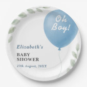 Oh Boy Blue Balloon Eucalyptus Baby Shower ペーパープレート (正面)