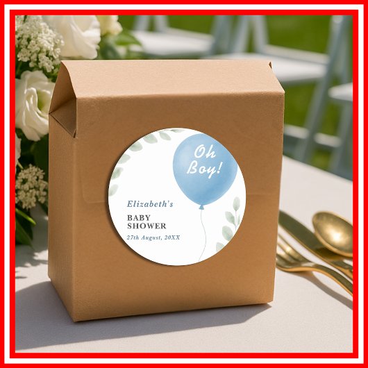 Oh Boy Blue Balloon Eucalyptus Baby Shower ラウンドシール