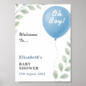 Oh Boy Blue Balloon Eucalyptus Baby Shower Welcome ポスター (正面)