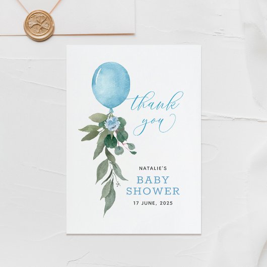 Oh Boy Blue Balloon Greenery赤ちゃんシャワー サンキューカード