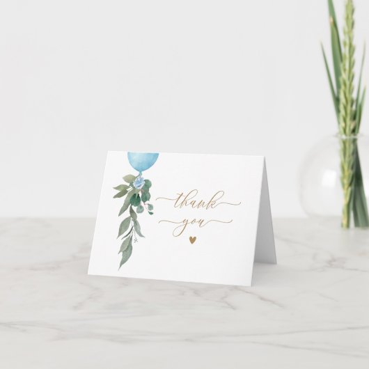 Oh Boy Blue Balloon Greenery赤ちゃんシャワー サンキューカード (正面)