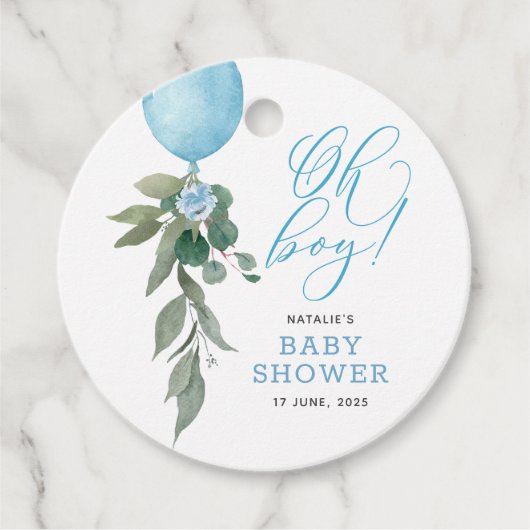 Oh Boy Blue Balloon Greenery赤ちゃんシャワー フェイバータグ (正面)