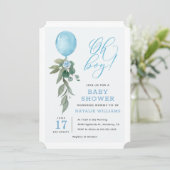 Oh Boy Blue Balloon Greenery赤ちゃんシャワー 招待状 (スタンド正面)