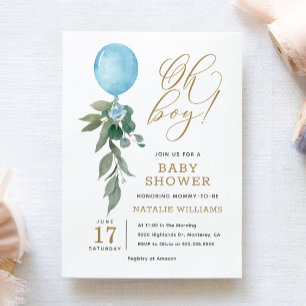 Oh Boy Blue Balloon Greenery赤ちゃんシャワー 招待状