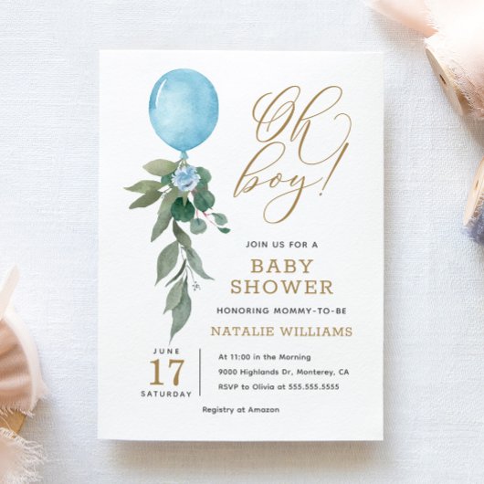 Oh Boy Blue Balloon Greenery赤ちゃんシャワー 招待状