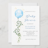 Oh Boy Blue Balloon Soft Greenery Boy Baby Shower 招待状 (正面)