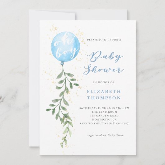 Oh Boy Blue Balloon Soft Greenery Boy Baby Shower 招待状 (正面)