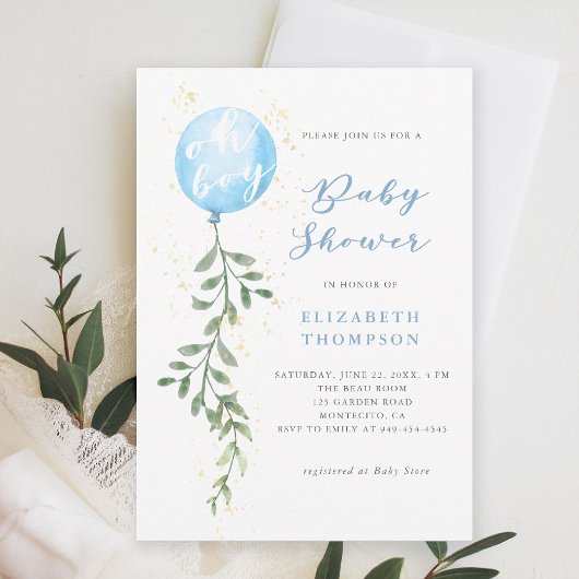 Oh Boy Blue Balloon Soft Greenery Boy Baby Shower 招待状