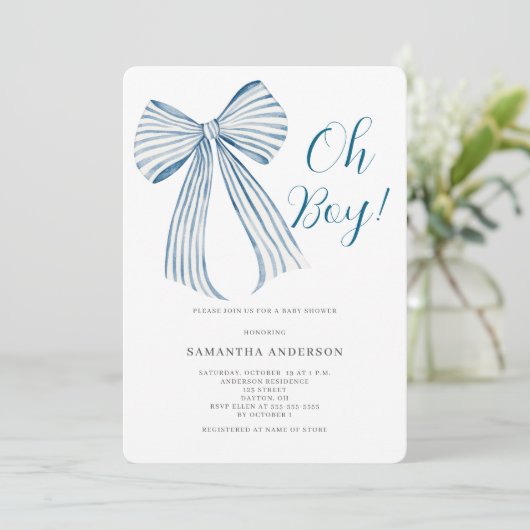  Oh Boy Blue Bow Baby Shower 招待状 (スタンド正面)