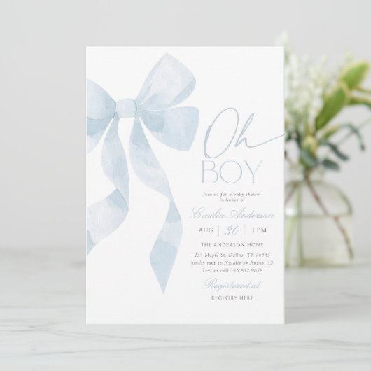 Oh Boy Blue Bow Baby Shower 招待状 (スタンド正面)