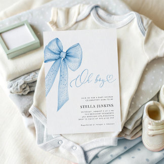 Oh Boy Blue Bow Baby Shower Invitation 招待状