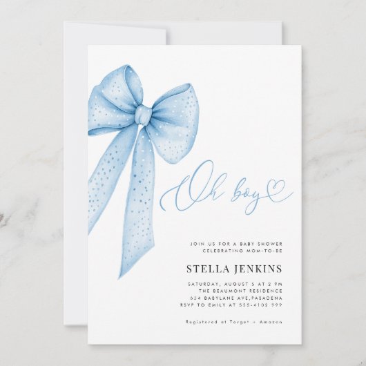 Oh Boy Blue Bow Baby Shower Invitation 招待状 (正面)