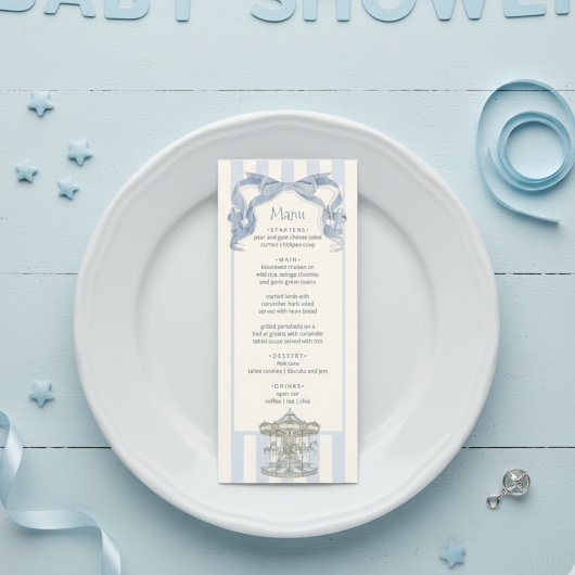 Oh Boy Blue Bow Carousel Baby Shower Menu Card  メニュー