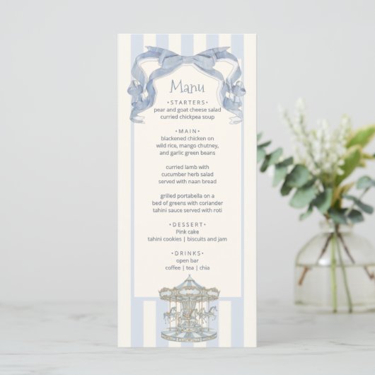 Oh Boy Blue Bow Carousel Baby Shower Menu Card  メニュー (スタンド正面)