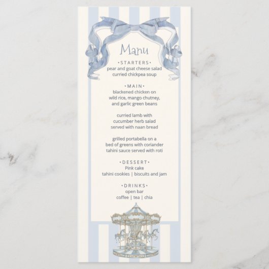 Oh Boy Blue Bow Carousel Baby Shower Menu Card  メニュー (正面)