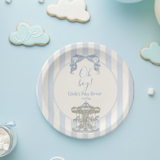 Oh Boy Blue Bow Carousel French Baby Shower ペーパープレート