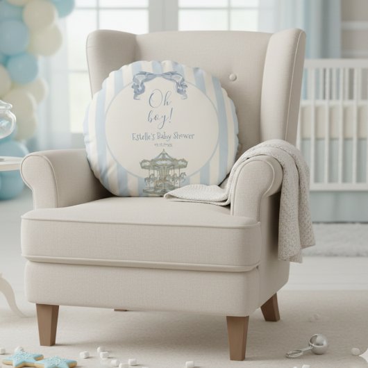 Oh Boy Blue Bow Carousel Stripe Baby Shower ラウンドクッション