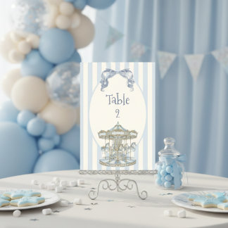 Oh Boy Blue Bow Carousel Watercolor Baby Shower テーブルナンバー