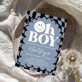 Oh Boy! Blue Checkered Happy Face Baby Shower 招待状