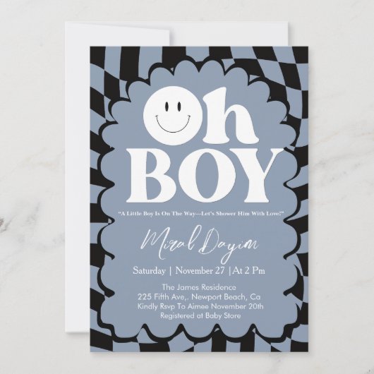 Oh Boy! Blue Checkered Happy Face Baby Shower 招待状 (正面)
