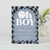 Oh Boy! Blue Checkered Happy Face Baby Shower 招待状 (スタンド正面)