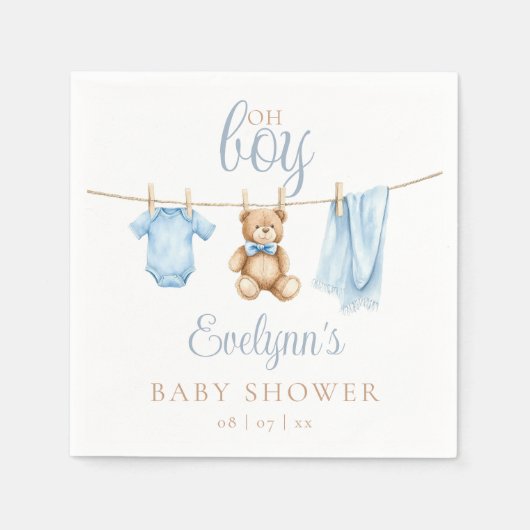 Oh Boy Blue Clothesline Baby Shower スタンダードカクテルナプキン (正面)