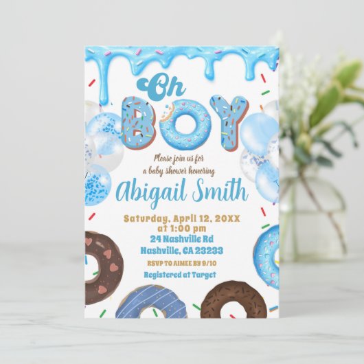 Oh Boy Blue Donut baby shower Invitation 招待状 (スタンド正面)