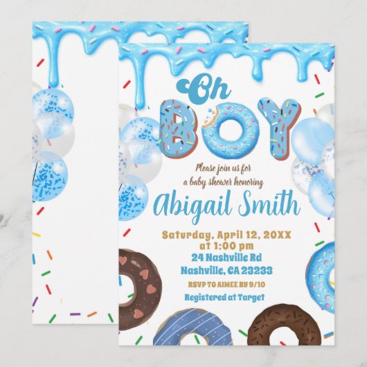 Oh Boy Blue Donut baby shower Invitation 招待状 (正面/裏面)
