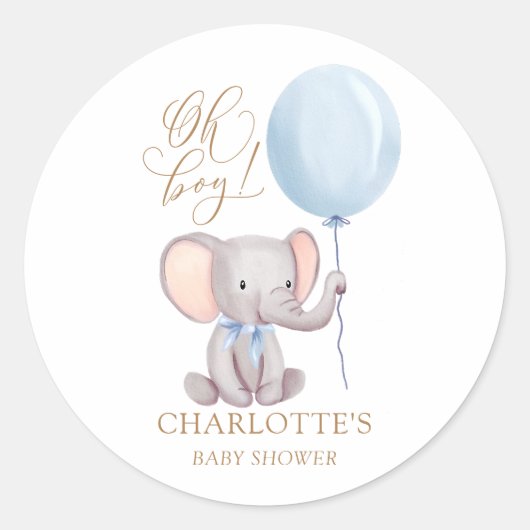 Oh Boy Blue Elephant Balloon Baby Showerステッカー ラウンドシール (正面)