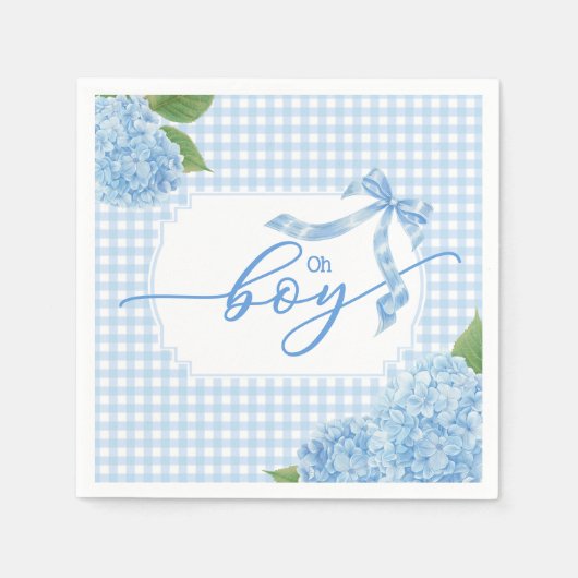 Oh Boy Blue Gingham Plaid Hydrangea Baby Shower Na スタンダードカクテルナプキン (正面)