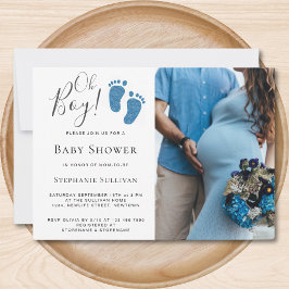 Oh Boy Blue Glitter Feet Photo Baby Shower 招待状