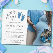 Oh Boy Blue Glitter Feet Photo Baby Shower 招待状