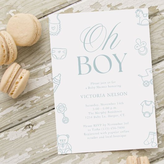 Oh Boy Blue Hand Drawn Baby Shower 招待状