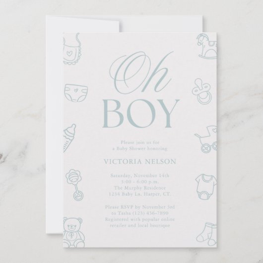 Oh Boy Blue Hand Drawn Baby Shower 招待状 (正面)