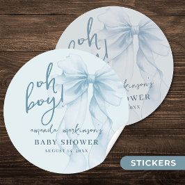 Oh Boy Blue Watercolor Bow Baby Shower ラウンドシール