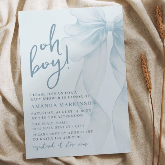 Oh Boy Blue Watercolor Bow Baby Shower Invitation 招待状