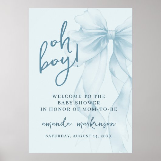 Oh Boy Blue Watercolor Bow Baby Shower Welcome ポスター (正面)