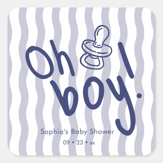 Oh Boy Blue Wavy Stripes ベビーシャワー スクエアシール (正面)