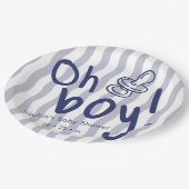 Oh Boy Blue Wavy Stripes ベビーシャワー  ペーパープレート (アングル)