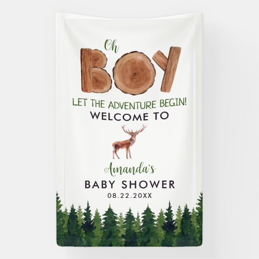 Oh Boy - Boy 素朴 Woodland Baby Shower Welcome 横断幕 (縦)
