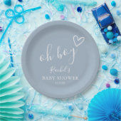 Oh Boy Cute Heart Dusty Blue Baby Shower ペーパープレート (パーティー)